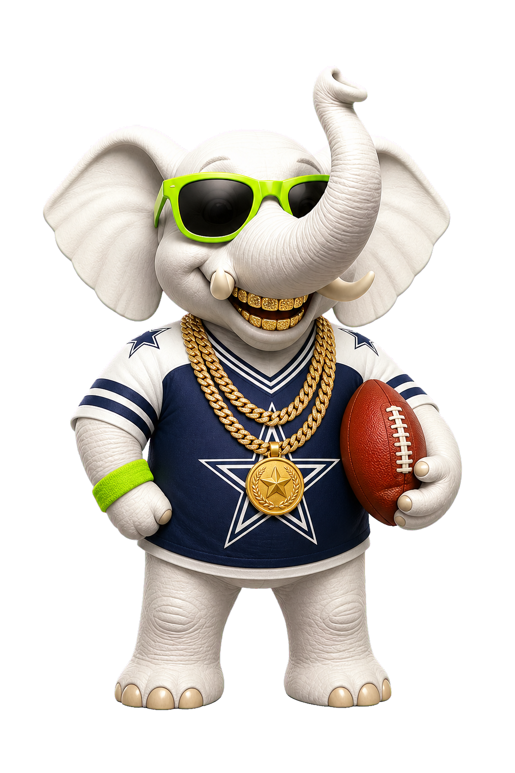 White elephant mascot in lime cheap sunglasses, a Cowboys jersey, gold chains, and a gold grill holding a football